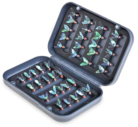 Juego de moscas para pesca de truchas, juego de cebo de mosca realista, surtido de anzuelos afilados, moscas creativas y duraderas, diseño moderno para pesca de trucha, con almacenamiento en de