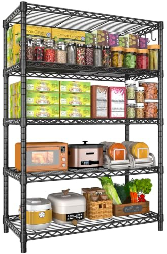 Mapleyard 90x35x183cm Metal Shelves with Wheels Wire Shelving Unit 5 Tier | Storage Shelf Rack Adjustable Organizer for Garage Pantry Laundry Kitchen Living Room Basement Space-Save NSF Certified Black