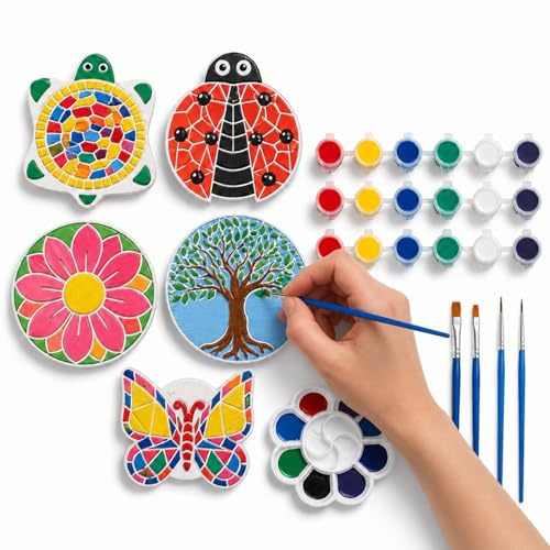 Steine Bemalen Set – DIY Mosaik Gartensteine zum Bemalen mit Farben & Pinseln – Schmetterling, Schildkröte, Blume, Baum & Marienkäfer – Gartenkunst & Keramikmalerei Bastelset
