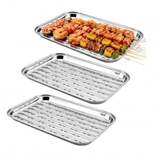 Set of 3 Stainless Steel Grill Trays, 34.9 x 24.5 x 2.7 cm, Reusable BBQ Grill Trays, Grill Basket for Vegetables, Fish and Meat, Grill Pan, Grill Accessories for Gas Grill and Charcoal Grill