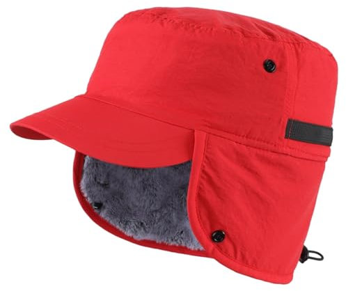 Magracy Outdoor Herren Winter-Baseballmütze mit Visier, warme Ohrenklappen-Mütze, Kunstpelz, Trapper-Jagdmütze, Ski, Schnee, Rot