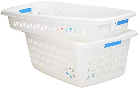 Domplex Conjunto Rectangular Mediana, A10. Set de 1 Cesta 1 Bandeja para Ropa Planchada, Plástico Polipropileno, Resistente y Duradero, Color, Alas Azules, Blanco, Medio