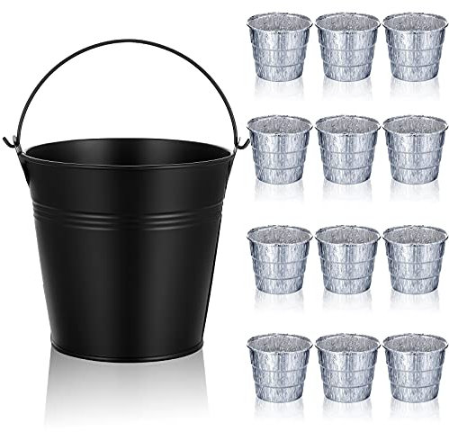 Patelai Drip Grease Bucket Can with 12 Pieces Disposable Foil Liners Grills Bucket Liners Wood Pellet Grills Replacement for Camp Wood Chef Pellet Grill BBQ Accessories (Black)