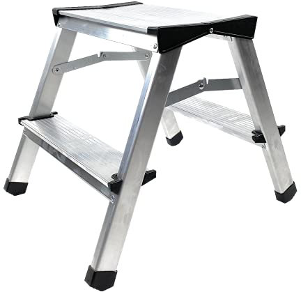 Trittleiter mit 2 Stufen – doppelseitige Profi-Leiter aus Aluminium, bis zu 125 kg Belastung, Klapptritt für Haushalt, FORTENA (2x2 Stufen)