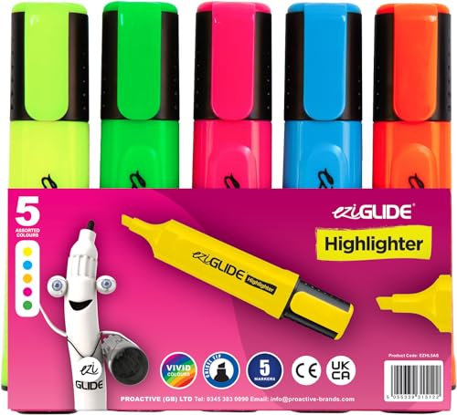 Eziglide Highlighter Pens Pack of 5, Assorted Colours – Vibrant Neon Chisel Tip Highlighter Markers for Bold & Fine Marking – Ideal for Books, Notes, School, Home, Office & Study Supplies
