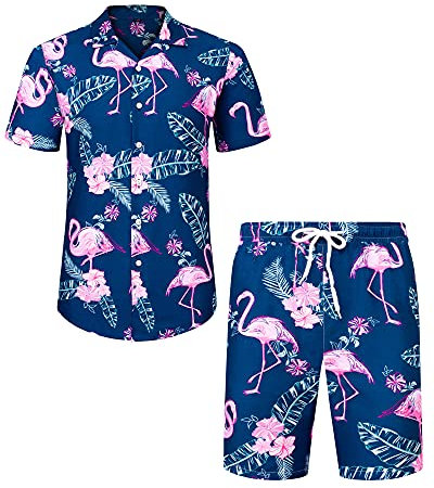 J.VER Herren Hawaiihemd Flamingo Floral Kurzarmhemd und Shorts Sommer Beach Freizeithemden Funky Party Outfit Hawaii Hemd Männer Faltenfrei Urlaub Hemd Set,Blau Flamingo,XXL