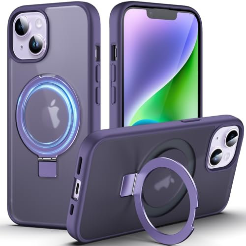 DASFOND Magnetic Designed for iPhone 14/13 Case [Compatible with Mag-Safe] [Invisible Ring Kickstand] Slim Translucent Matte Shockproof Anti-Fingerprint Cover Case for iPhone 14/13 6.1, Purple