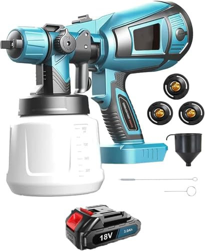 Akku Farbsprühsystem,Kompatibel mit Makita 18V Akkus, Elektro Lackierpistole mit 3 Düsen, 3 Spritzmuster,800ml Farbsprühgerät,Hohe Leistung,zum Streichen (1x3000mAh Akku und Ladegerät)
