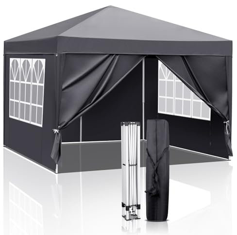 LEADZM 3x3m Tonnelle de Jardin Pliable,Pop-up,Réglable en Hauteur, Imperméable,Protection UV 50+,avec 4 Côtés,Cadres en Acier,Convient pour la Fête, l'extérieur,Patio,Camping,Gris Foncé