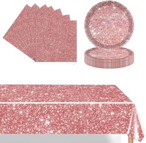 37Pcs Rose Gold Party Tableware Set,Rose Gold Party Supplies,Rose Gold Dinnerset Include 16P Paper Plates 20P Napkins and Table Cloth Tablecover for Birthday,Chritmas,Wedding Party Table Decoration