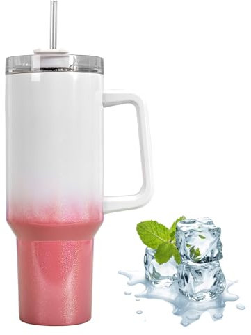 Taza de café de viaje 40oz, 1200ml Taza de Café con Tapa para Cocheaza, Termica de vacío de acero inoxidable de doble capa, Taza de coche con asa, Termo Cafe para beber caliente y frío (blanco-rosa)