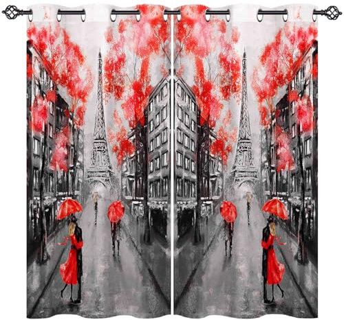 ANHOPE Paris Eiffelturm Rot Baum Gardinen Blickdichte mit Ösen Weich Thermo Vorhänge Blackout Curtain Vorhang Wohnzimmer Schlafzimmer Verdunklungsvorhänge 2er Set H 175 x B 140 cm