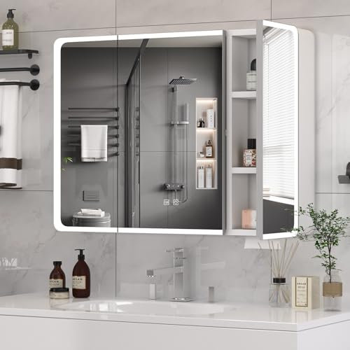 Buildonely Spiegelschrank Bad mit Beleuchtung, Badezimmer Spiegelschrank mit Antibeschlag-Funktion, Hängeschrank mit 3 Türen, Touchscreen-Steuerung, 90 x 70 cm, Aluminiumlegierung