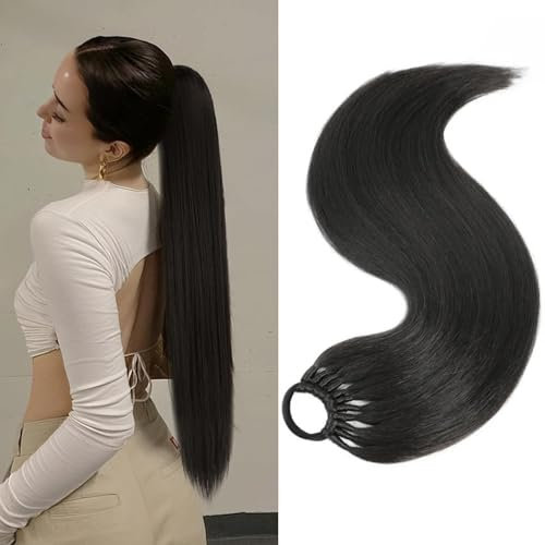 Ponytail Extension 60 cm Lang Glattes Pferdeschwanz Haarteil, Synthetik Haarverlängerung Zopf Ponytail Extension Echthaar Haarteil Pferdeschwanz Extensions Zopf für Damen Mädchen (Schwarz)