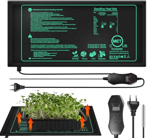 BORDEAG Tappetino riscaldante per piante con termostato, 50 W, 10 x 20,75 pollici, con termostato, per piantine, tappetino riscaldante per piantine, per piantine, per piantine