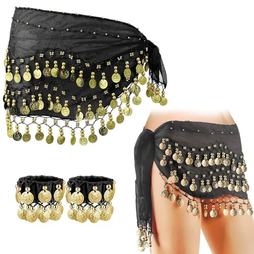 HAASIKI Bauchtanz Hüfttuch mit Armband, Piraten Accessoires Damen, Bauchtanz Hüfttuch Mit 1 Paar Armbänder, Damen Bauchtanz Accessoires Gürtel Chiffon Hüfttuch Bauchtanz Hüfttuch Gürtel