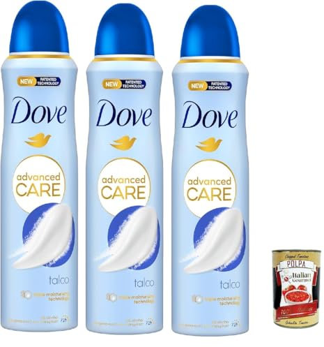 Dove Advanced Care Talco Deodorante Spray - Deodorant 72 Stunden Schutz Hilft, die Haut weich und vor Schweiß zu schützen 3x 150ml + Italian Gourmet polpa 400g