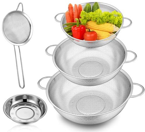 5er-Set Küchensieb Edelstahl, Nudelsieb Edelstahl Sieb mit 2 Griffe Nudelsieb Griff Mikroperforiertes Abtropfsieb Seiher für Küche Nudel Gemüse Obst Reis (19/22/25cm)