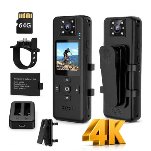 4K Body Camera with Audio and Video, Mini Body Cam with 180° Rotatable Lens, Night Vision, Motion Detection, SOS Alarm, 64GB Card, Dual Batteries & Charging Dock, Portable Bodycam for Security Travel