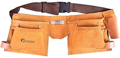 Kosma 11 Pocket Tool Storage Belt Apron - Leather Electrician Pouch with Hammer Holder