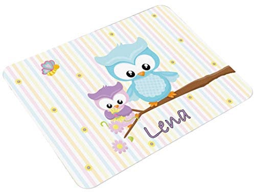 CreaDesign, Frühstücksbrettchen Kinder mit Namen personalisiert, Brettchen Kinder Kunststoff Eule Frühling, Antirutsch-Noppen, Größe 20 x 25 cm