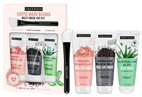 Freeman Exotic Blends Facial Mask 4 Piece Set, Peel-Off & Jelly Masks, Cleansing, Pore-Clearing & Hydrating Facial Masks, For All Skin Types, Includes Silicone Mask Brush, Vegan & Cruelty-Free
