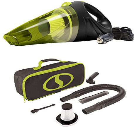 Auto Joe ATJ-V501, Aspirateur de voiture portable 12 V avec câble de 4,8 m, kit d'accessoires de nettoyage intérieur automobile, 2 filtres HEPA et sac de rangement, vert