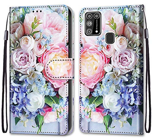 Mo-Somnus Cover per Samsung Galaxy M31, Custodia in PU Pelle Magnetica Libro Flip Caso Antiurto Portafoglio [Supporto Stand] con Porta Carte e Cinturino da Polso Wallet Case (Fiore 3)