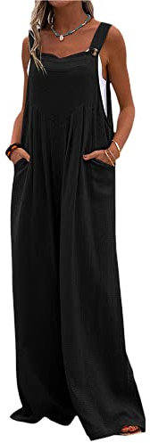 YILEEGOO Cotton Linen Dungarees for Women, Ladies Casual Overalls Baggy Wide Leg Pants Jumpsuit Playsuit (A-Black, Medium)