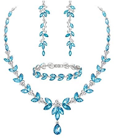 Ever Faith Austrian Crystal Bridal Bridesmaid Jewelry Set, Elegant Marquise Rhinestone Leaf Necklace Earrings Tennis Bracelet Set Sky Blue Silver-Tone