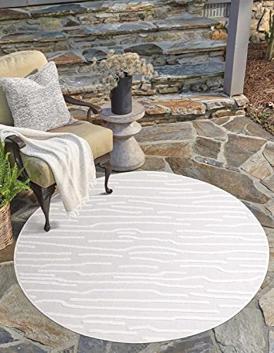 carpet city In-& Outdoor Teppich - Rund 200 cm - für Innen-& Außenbereich - Wetterfest Balkon-Teppich, Terrasse, Flur, Küche - Wohnzimmer-Teppiche - Hochtief/ 3D-Effekt - Streifen-Muster in Creme