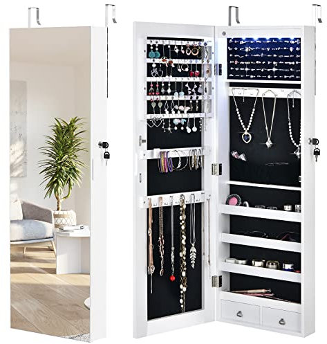 GOPLUS Armoire à Bijoux Murale avec Lumières LED et Miroir, Rangement avec Miroir Plein Longueur, Autoportante Verrouillable avec Crochet de Collier, avec Serrure et Clés (Blanc)