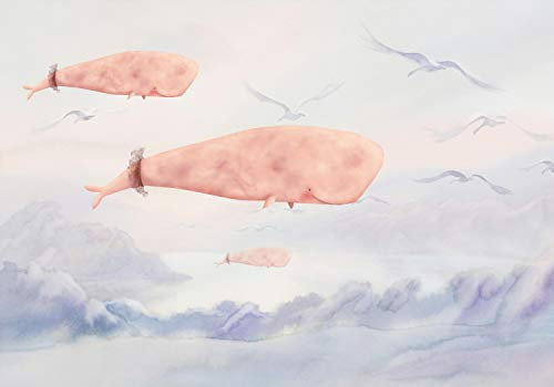 wandmotiv24 Fototapete Kinderzimmer Himmer Wale Berge, 400 x 280 cm - selbstklebende Strukturtapete, Wanddeko, Wandbild, Wandtapete, Aquarell Vögel Meerestier M5821