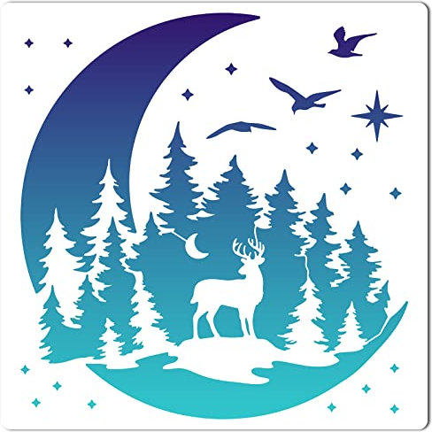 GORGECRAFT 11.8x11.8 Noël Réutilisable Évider Elk Pochoirs Grand Arbre de Noël Lune Oiseaux Étoiles Forêt Art Modèles Cerf Bois Pochoir Modèle pour Peinture sur Bois Artisanat Plancher Meubles Sac