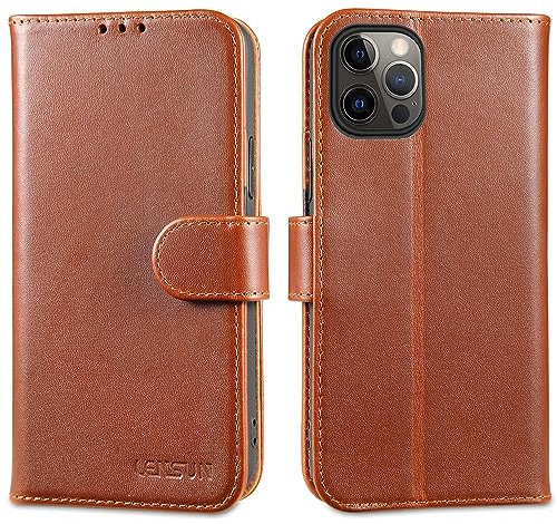 LENSUN Echtleder Hülle für iPhone 12, iPhone 12 Pro Handyhülle Echtes Leder Etui [Kartenfach][RFID Blocker] Handytasche Lederhülle für iPhone 12/12 Pro 5G - Dunkelbraun, 12P-JT-DB