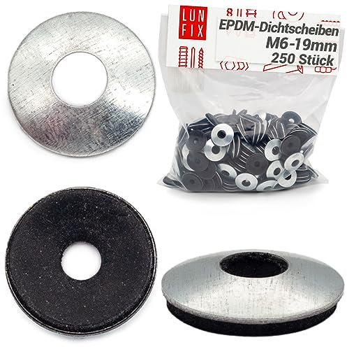 Lun Fix Rondelle EPDM M6 x 19 mm, 250 pezzi, in acciaio zincato, rondella con rivestimento in neoprene, rondella con guarnizione in EPDM, rondella in neoprene per viti