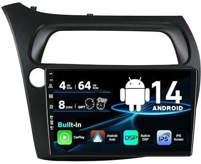 SXAUTO Android 15 IPS Autoradio para Honda Civic (2006-2012) - Inalámbrica CarPlay/Android Auto - 4G+64G - LED Cámara + Mic - DSP Dab Fast-Boot 360-CAM Volante WiFi AHD - 9 Pulgada 2 DIN
