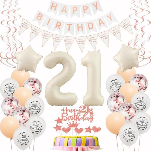 Luftballons 21. Geburtstag Frauen Beige Roségold Deko Tortendeko Happy 21th Birthday
