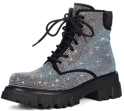 Wavyvigs Springerstiefel mit Strasssteinen, Plateau, klobiger Absatz, Schnürstiefel, seitlicher Reißverschluss, Blunish Strass, 39.5 EU