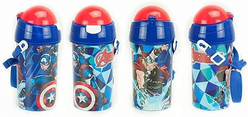 Golddunes Kids Fun Cartoon Character Flip Top Re-Usable Water Bottle With Strap & Built in Straw 500ML (Avengers)