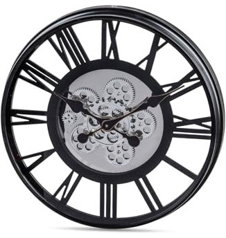 formano Moderne Wanduhr mit Beweglichen Zahnrädern 54 cm Metall Clock Schwarz-Silber