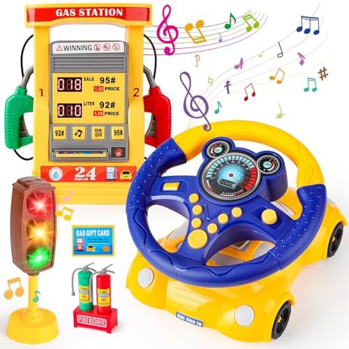 deAO Lenkrad Spielzeug und Tankstelle Spielset Tankstelle mit Sound und Licht, inkl. Feuerlöscher, Geschenkkarten, Spielgeld, Musikalische Spielzeuge für Babies, Rolspiele Kinder (Blau)