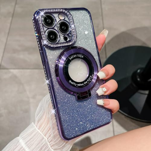 VERBANA Glitter Diamond Magnetic Ring Holder Case for iPhone Available for Iphone 15/14/13/12/11, Airbag Anti-Fall for iPhone Case with Invisible Ring Stand (12,Purple)
