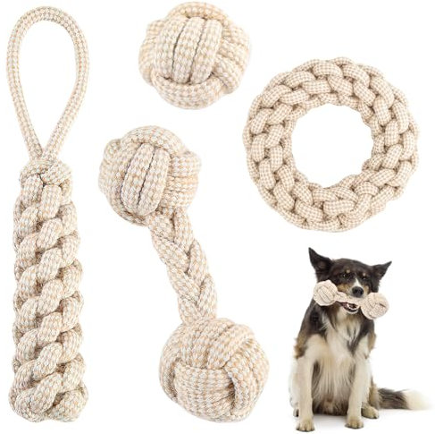 BRISKORE Lot de 4 jouets pour chien en corde avec balle à nœuds - 100 % chanvre naturel - Jouet à tirer pour chiens de petite taille (1)