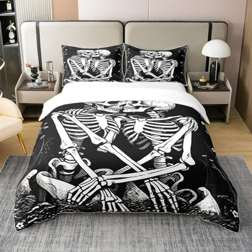 richhome Sugar Skull 100% Nature Cotton Duvet Cover 155x220,Gothic Skull Couple Kissing Lovers Bedding Set,Rustic Farmhouse Flowers Leaves Comforter Cover Bedding (No Comforter)