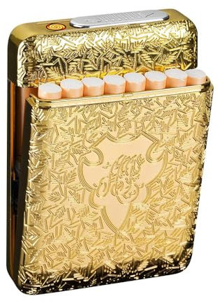 Zigarettenetui mit Feuerzeug Zigarettenbox Elektronisches Integriertem Flammenlose Feuerzeug Aufladbar 16 Stück 84mm King Size Zigaretten Zigarettenschachtel Gold