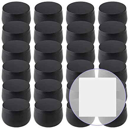 Tlilyy Paquete de 24 Latas de Velas Negras de 8 Oz, Recipientes de Metal para Velas una Granel, Tarros para Velas con Tapas y 32 Pegatinas para Hacer Velas