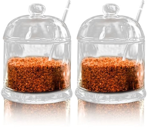 Bakiauli 2 Pcs Glass Seasoning Jars, Clear Glass Sugar Bowl with Lids and Spoons - Condiment Spice Jars for Spice, Salt, Sugar, Tea