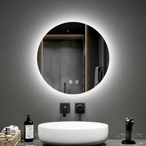 EMKE Bluetooth Round Bathroom Mirror with Led Lights, 50CM Illuminated Frameless Wall Mounted Vanity Mirror with Touch, Demister, Bluetooth, Memory Function with Dimmable Brightness