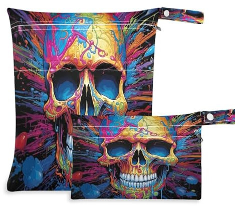Cgiub Skull Wet Dry Bags for Baby Cloth Diaper Reusable Wet Bags Waterproof Washable Travel Gym Daycare Organizer with Two Zippered Pockets & Handle for Swimsuit Clothes Toiletries